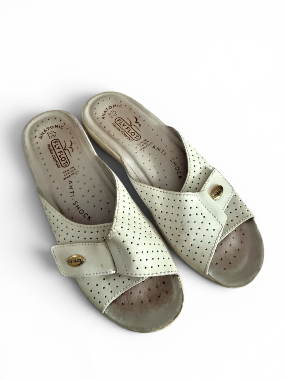 Fly Flot Anatomic White Leather Wedge Slide Sandals Italy Size 40 9 - 9.5